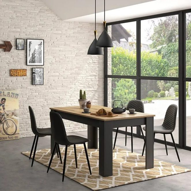 This rectangular wooden table with industrial and modern style seats 8 to 12 people.