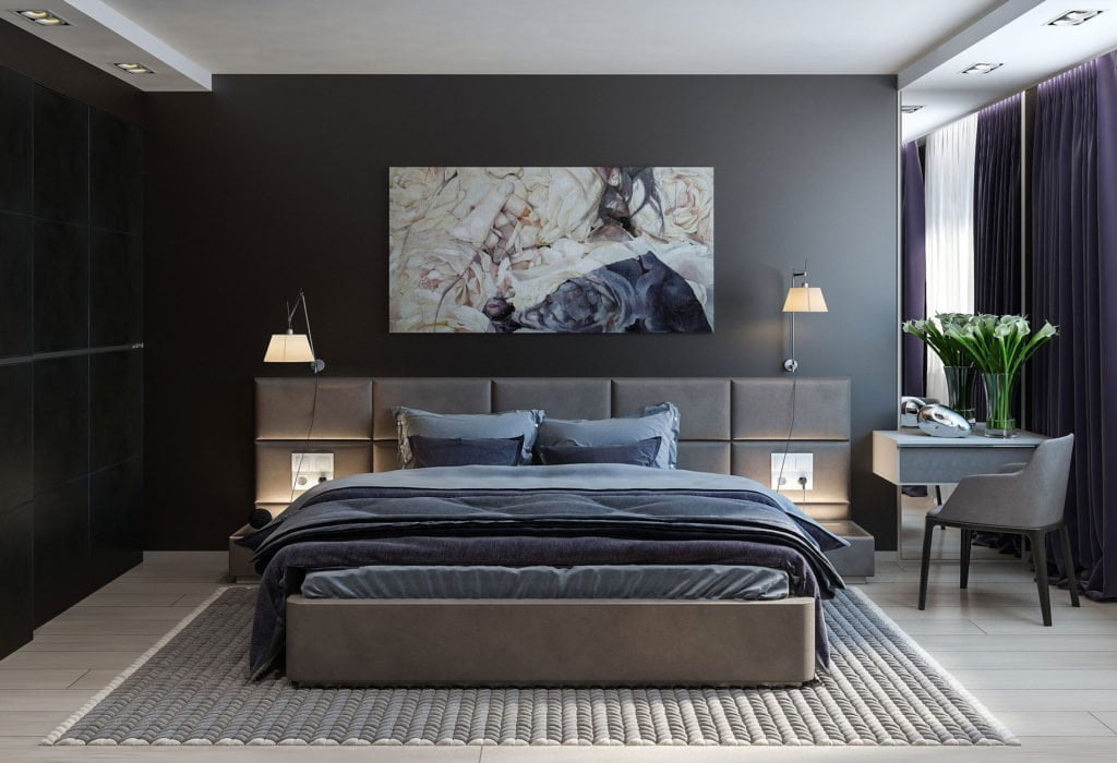 Decorating Ideas for Dark Bedroom Walls. Brown bed with soft headboard and black accent headboard wall with picture 