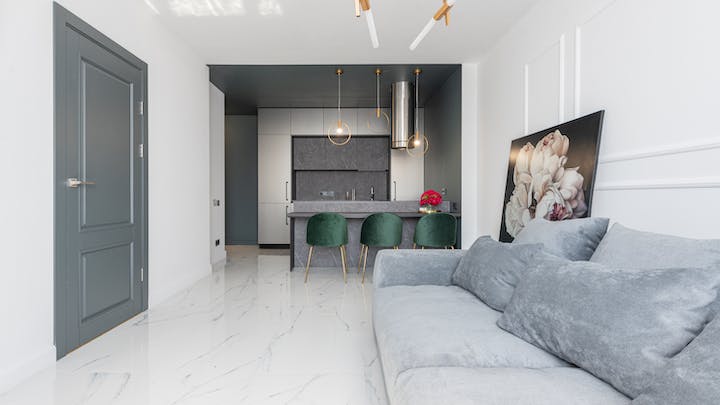 grey-colored-living-room-open-to-kitchen sofa