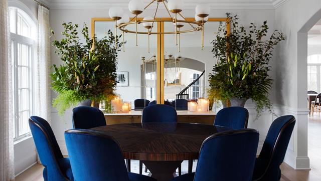 dining room with blue chairs