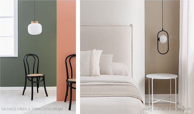 Kenay Home and Bruguer colors: Olive green, terracotta, almond white and taupe