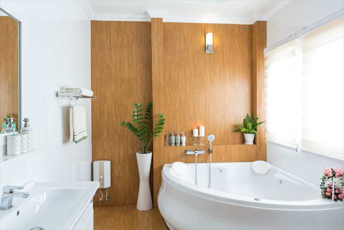 white bathroom with wood