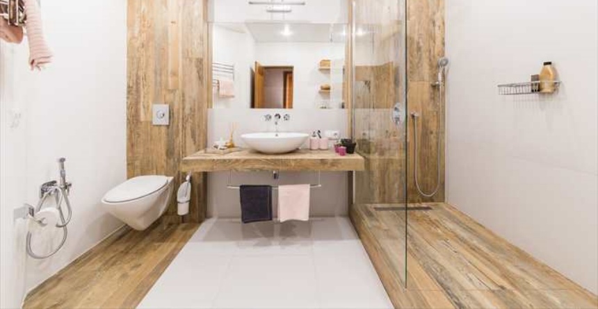 white bathroom with wood