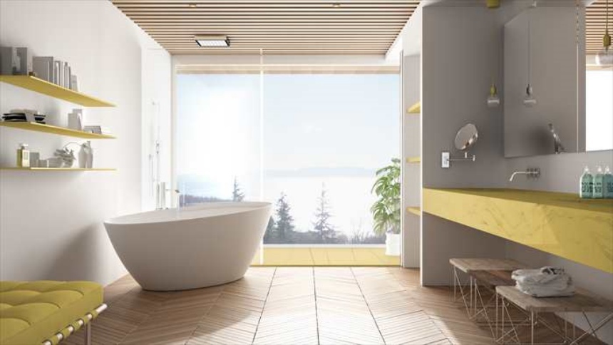 bathroom with yellow countertops