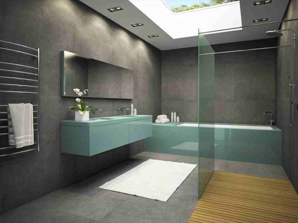 dark gray bathroom with light blue furniture