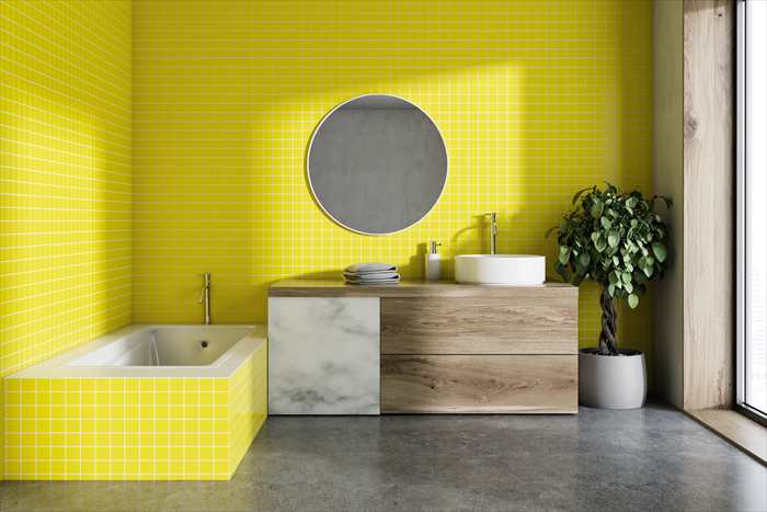 yellow bathroom with cement floor