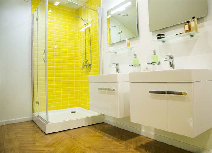 north bathroom with yellow shower