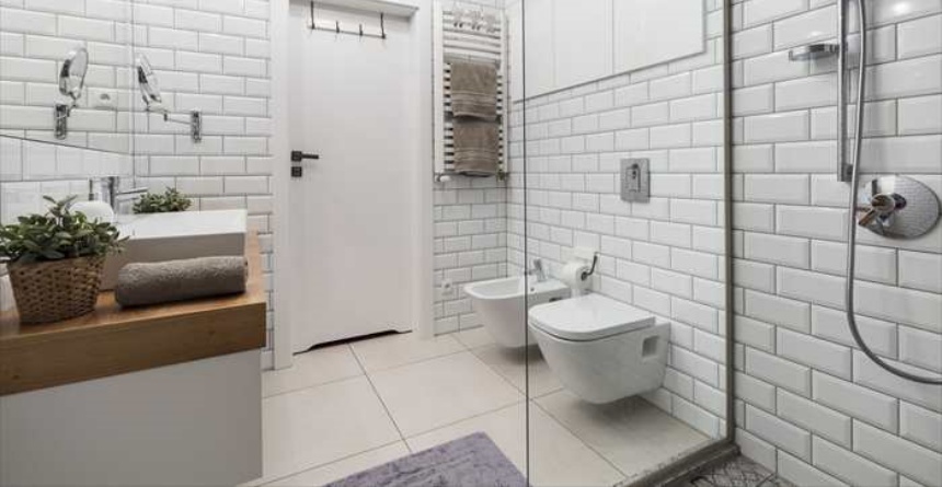 white bathroom with shower