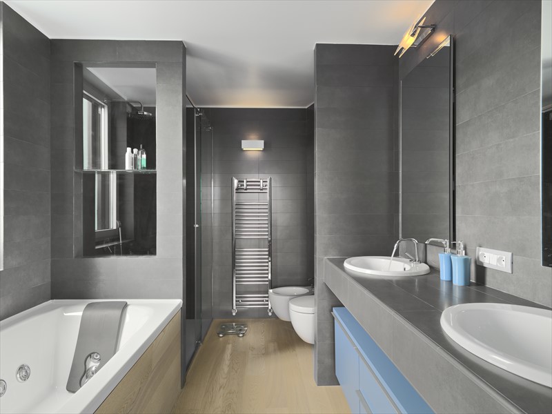 dark gray bathroom with wooden floors