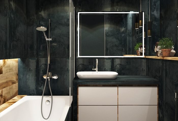 black bathroom with white furniture