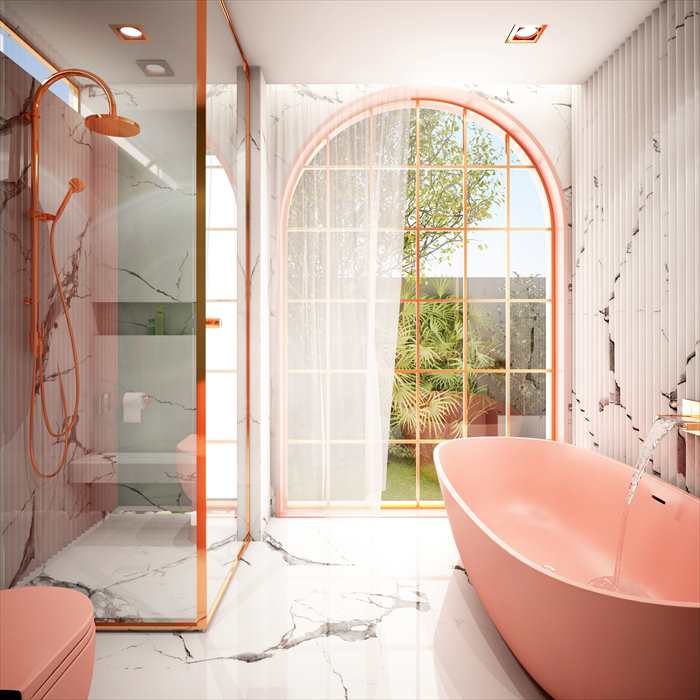 white bathroom with pink furniture