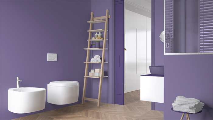 purple bathroom with wooden floors