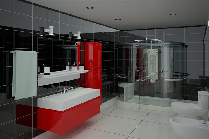 black bathroom with red furniture