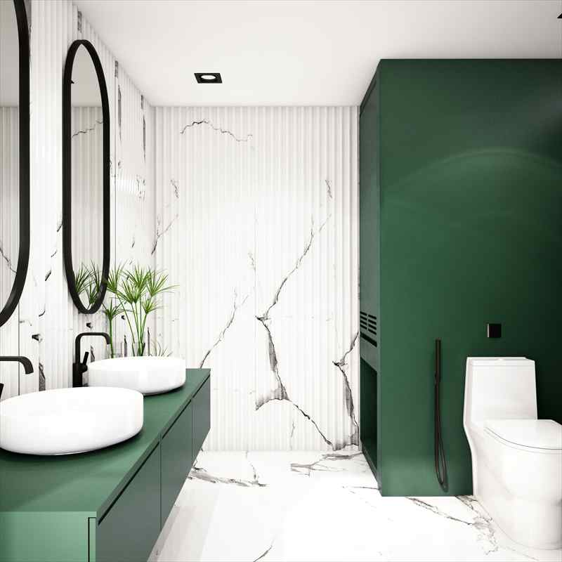 white bathroom with green furniture