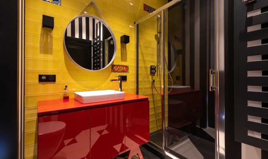 yellow bathroom and red furniture