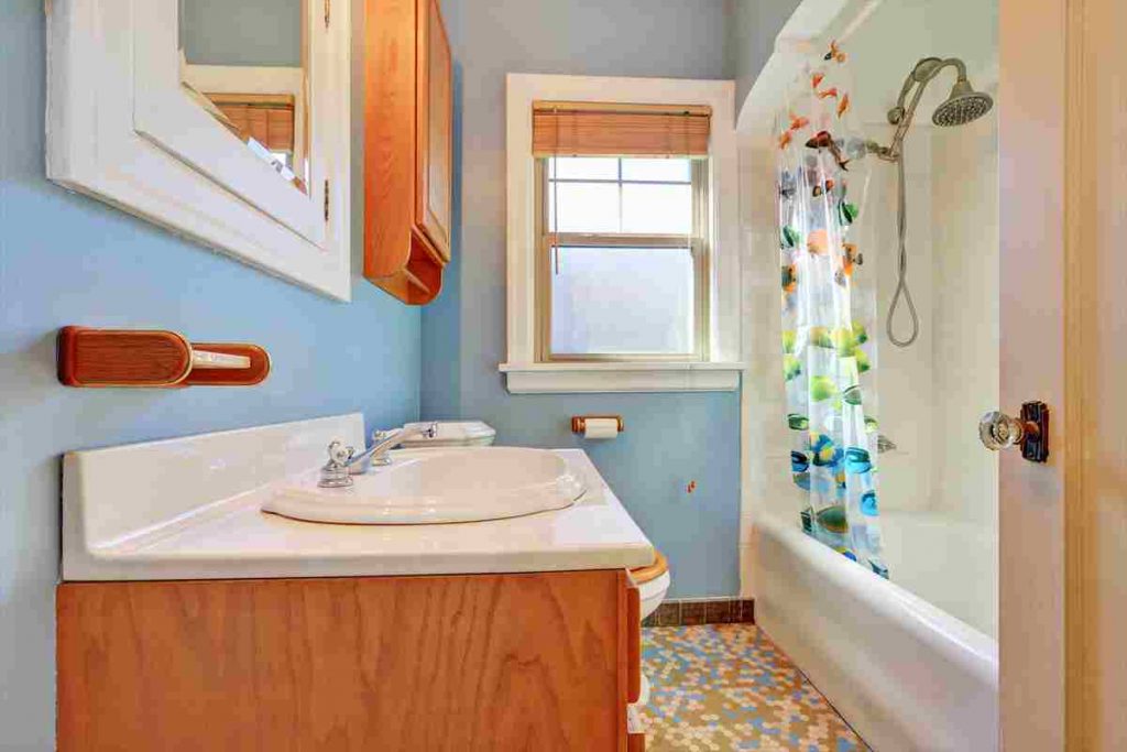 sky blue bathroom with wood