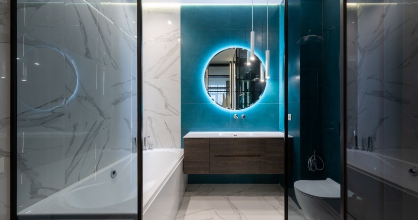 modern bathroom with one blue wall