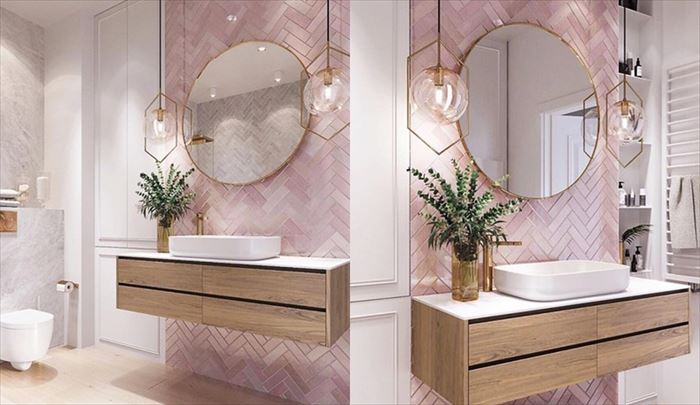 pink bathroom with wood