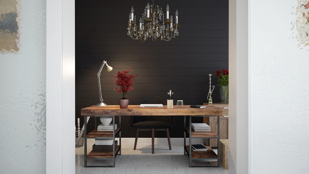 wooden table with a chandelier