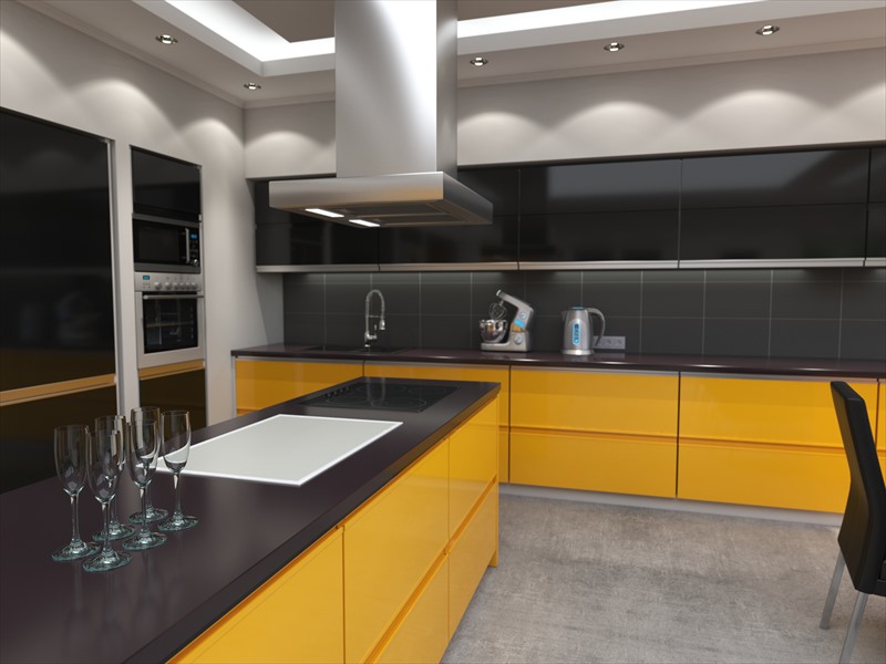 yellow black kitchen