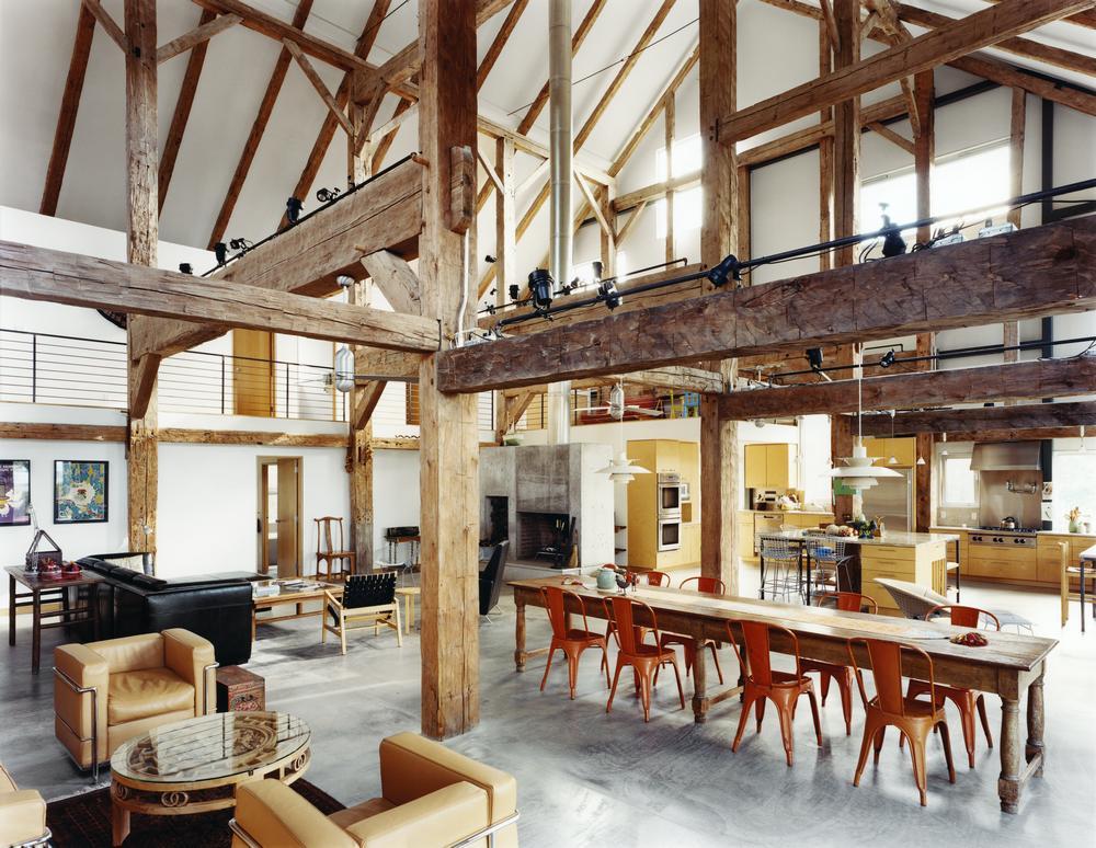 Loft in a barn with wooden beams