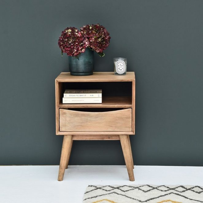 An exotic wood, mango wood fits perfectly into a Scandinavian-style bedroom once its wood has aged a bit.