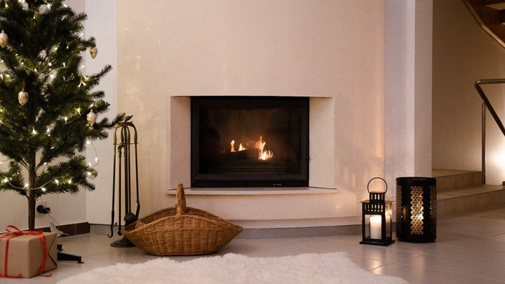 living room with fireplace and christmas decoration