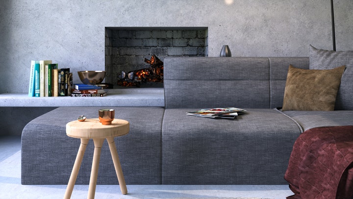 sofa and fireplace