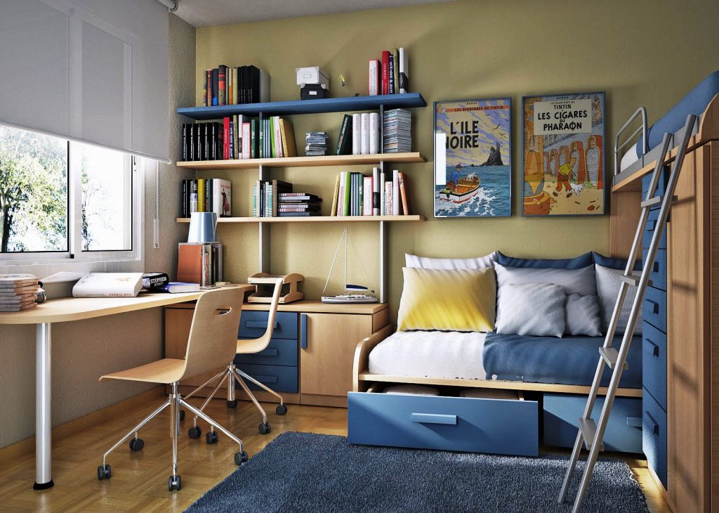 Beige and blue furniture in the children's room