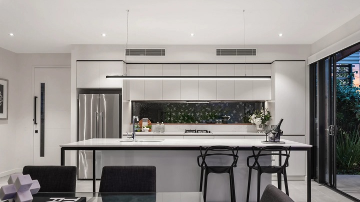 kitchen with island and stools