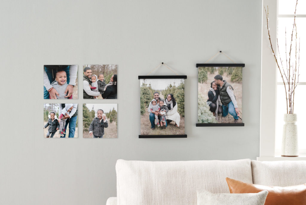 Custom hanging canvas prints and photo tiles for holiday decoration