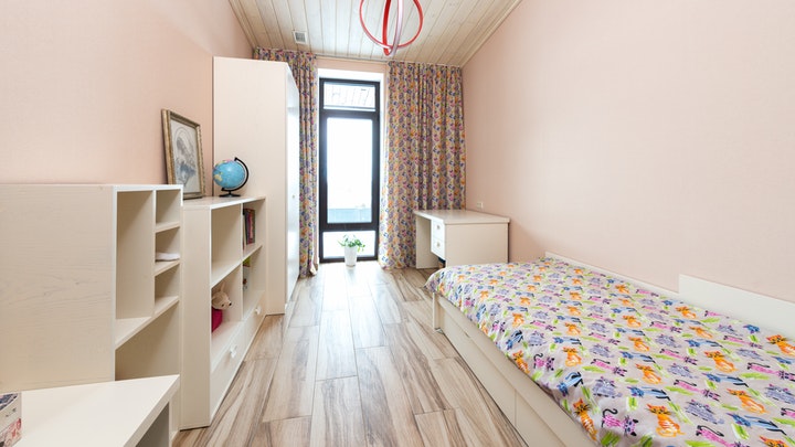 bedroom with shelves