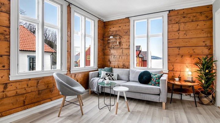 living room with wooden walls