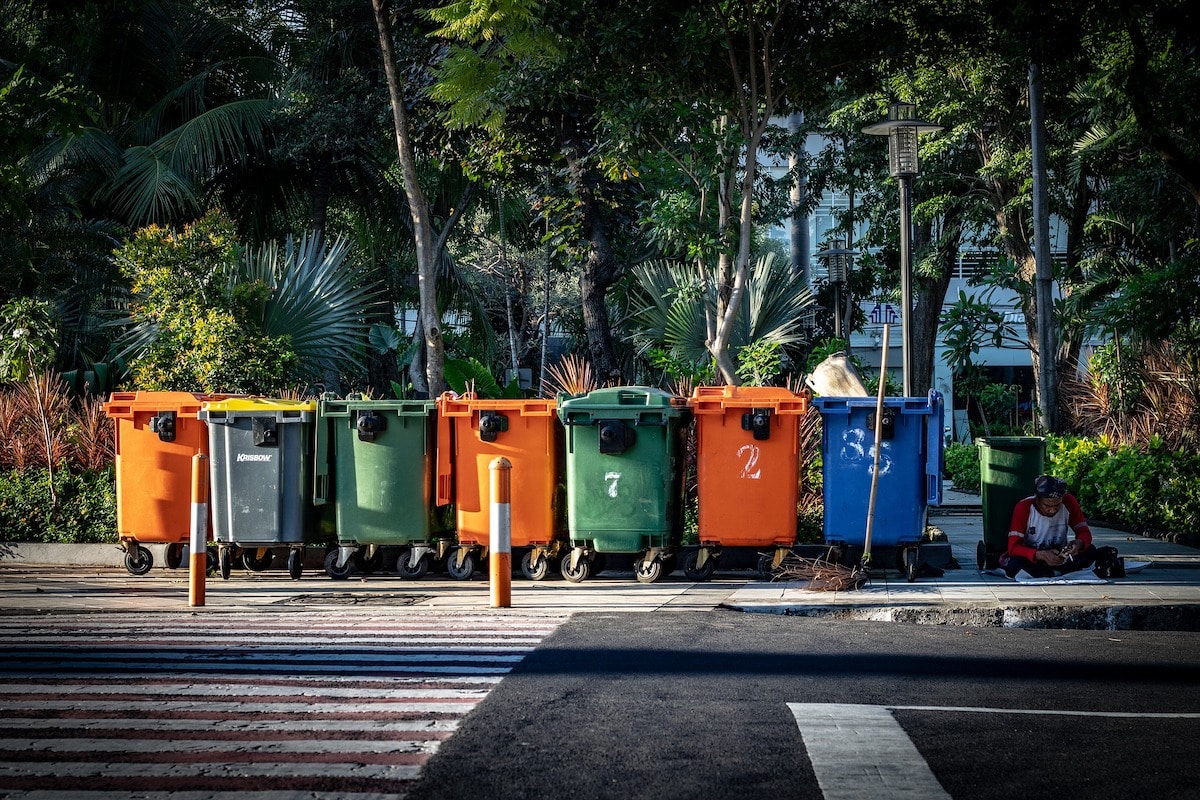 Trash cans for recycling.