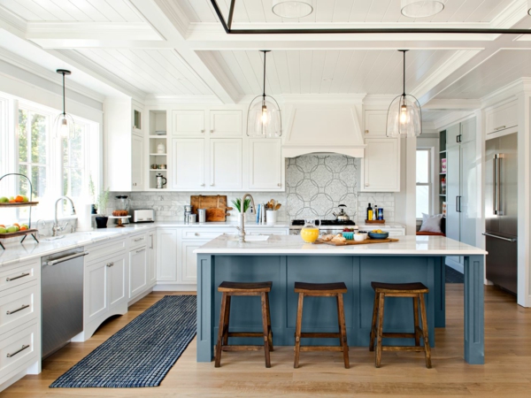 modern kitchen with island white kitchen cabinets blue kitchen island rug runners