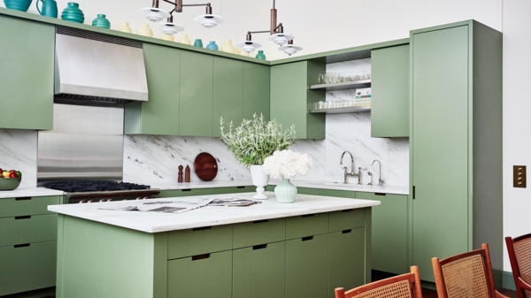 modern kitchen with island green kitchen furniture white countertop marble kitchen back wall