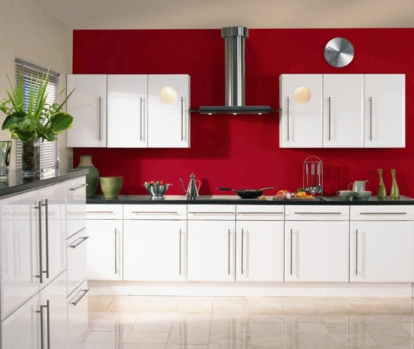 wall color red accent wall glossy flooring white kitchen