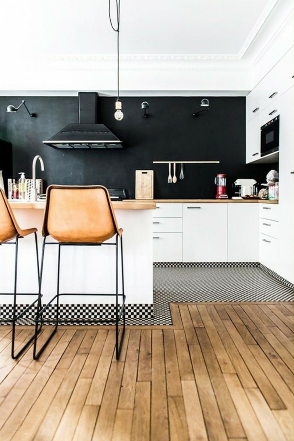 white kitchen where the wall color is black and the wall color creates contrast