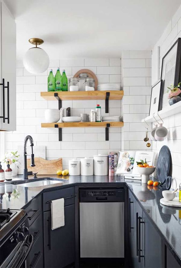 Black and white design for a U-shaped kitchen