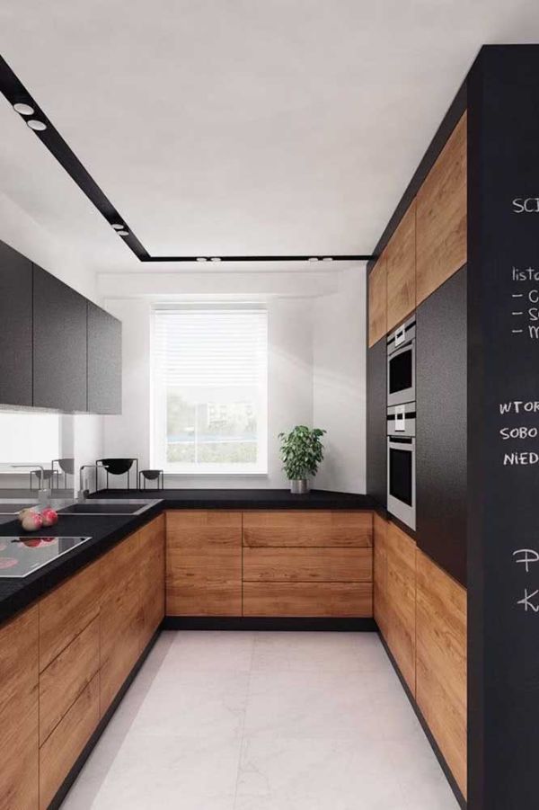 Wooden and black U shape kitchen