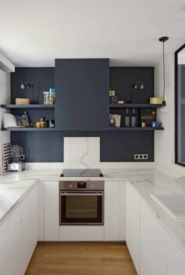 U-shaped kitchen - gray and white color palette