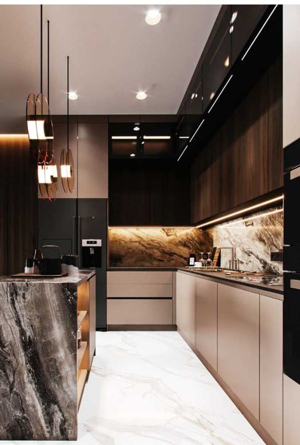 Long and narrow U-shaped kitchen