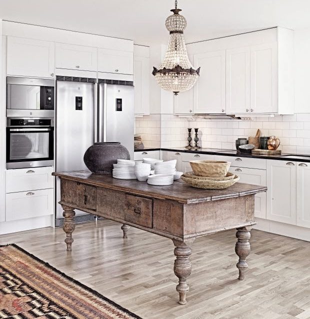 antique table in modern kitchen