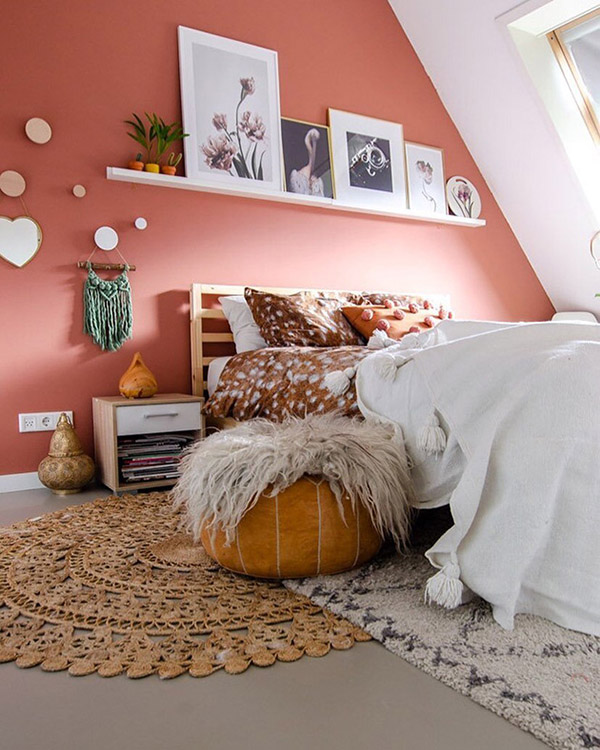 Cheerful and beautiful double bedroom in terracotta color