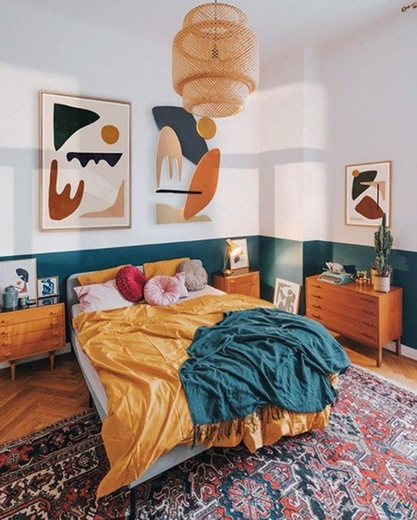 Cheerful and Pleasant Double Bedroom in Petrol Blue and Mustard