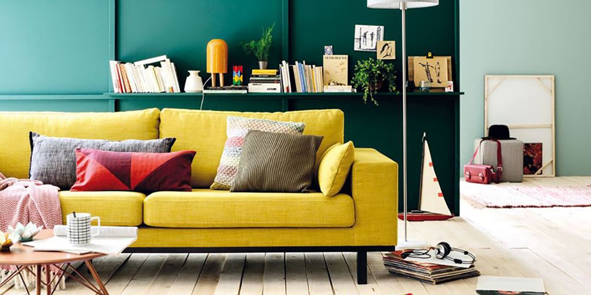 Living room with colorful sofa