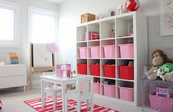 Organize shelves with colorful baskets