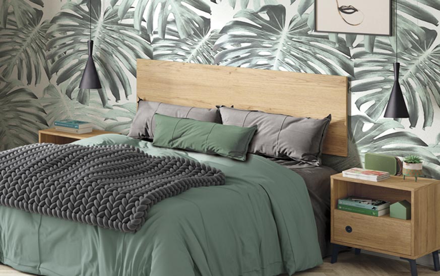 Minimal headboard idea. Monstera with vegetable wallpaper.