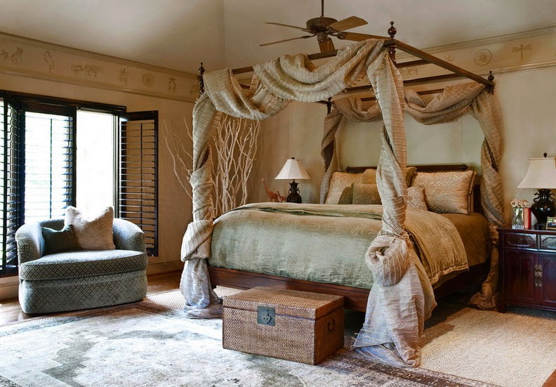 Bed Canopy in Bedroom Interior Photo Ideas. Thick fabric for canopy in country style with beige color scheme