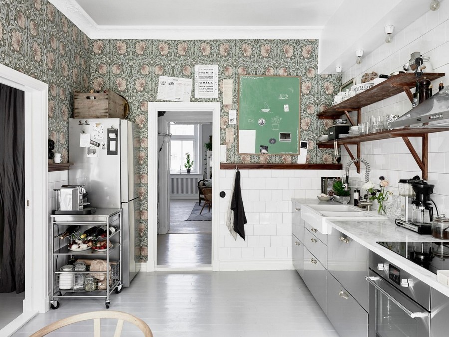 1-kitchen-wall-covering-ideas-in-interior-design-white-tiles-squares-walls-open-shelves-wood-shelves-serving-cart-motifs-flower-green-and-pink-patterns-glossy-cabinet